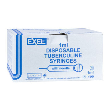 Exel Tuberculin Syringe, 1cc with Needle, 25G x 5/8", Low Dead Space Plunger, Luer Slip, 100/bx (26044)